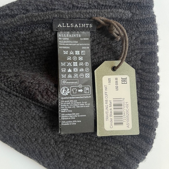 ALLSAINTS Traveling Rib Patch Casual Black Beanie Hat Wool Blend - Picture 5 of 6